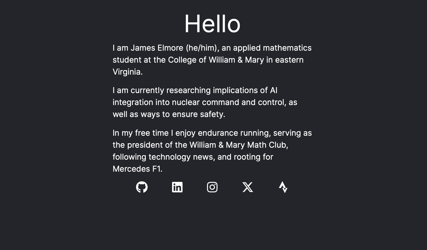 the old website for jameselmore.org. Says ‘Hello’ in large centered text at the top, followed by a short biography and ending with a row of five icons linking to other sites: Github, LinkedIn, Instagram, X, and Strava.